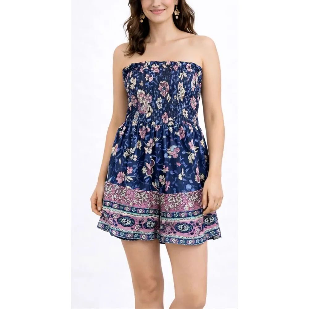 Jessica Simpson smocked block print purple strapless romper XS
